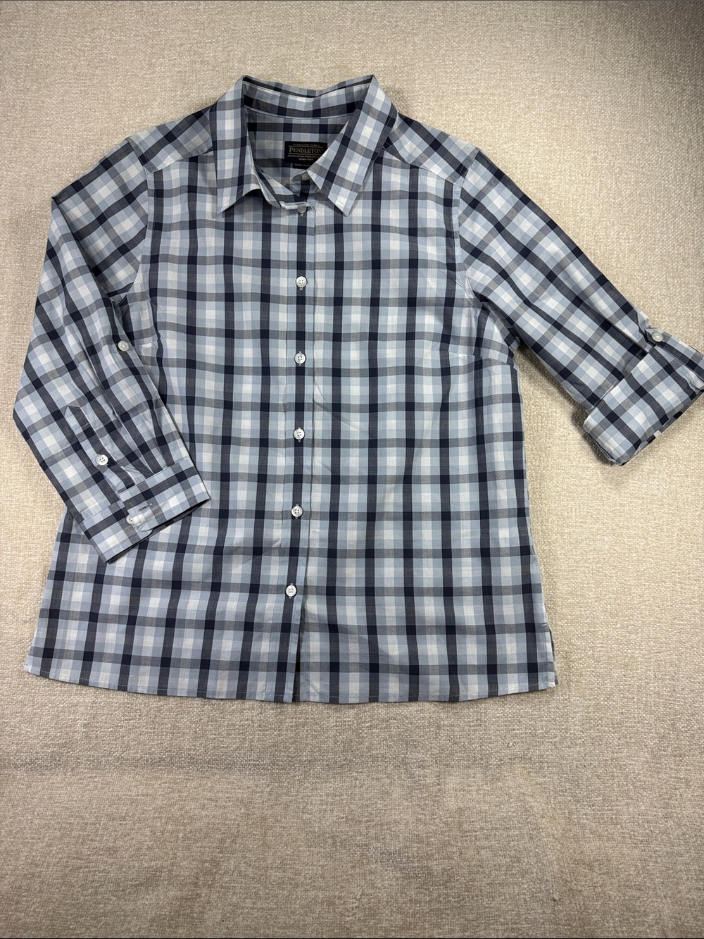Pendleton Gray and Blue Plaid Women's Button-Down Shirt Roll Tab Sleeves Size M